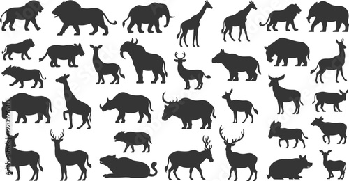 Collection of dark grey animal silhouettes including lions elephants giraffes rhinos deer and other wild animals on a white background
