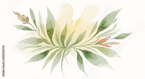 Watercolor floral arrangement with green leaves and yellow accent