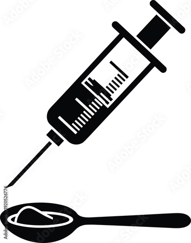 Black vector silhouette of a medical syringe with plunger and a spoon containing medicine powder for healthcare vaccination clinical treatment and pharmaceutical industry branding