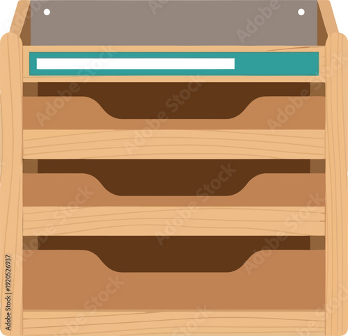 Wooden file organizer shelf with three compartments for office or home storage, flat vector illustration