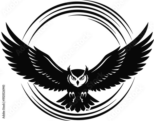 Black vector silhouette of an owl with spread wings flying in front of a circular frame for mascot predatory bird and wisdom branding