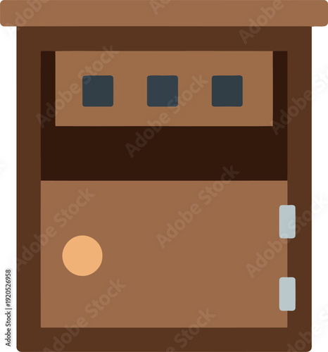 Flat vector illustration of a wooden nightstand cabinet with door and shelf for bedroom furniture design
