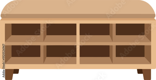 Modern wooden storage bench with open shelves for living room or entryway organization, flat vector illustration
