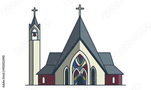 Church Building Flat Design Illustration with Bell Tower and Stained Glass