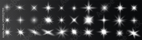 Collection of white light burst effects on dark background