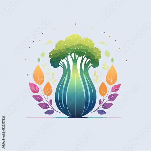 Abstract Representation of a Lush Green Tree with Surrounding Leaves and Dots