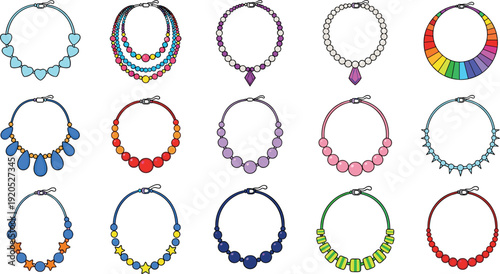 Colorful Beaded Necklace Icon Set with Heart, Star, and Rainbow Designs for Childrens Fashion, Handcrafted Jewelry Branding, Gift Shops, and Creative DIY Projects