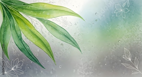 Green leaves with water drops on a soft background
