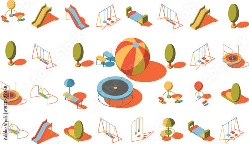 Isometric playground equipment and toys in bright colors on a white background park
