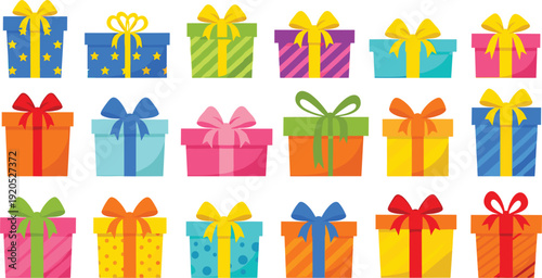 Colorful Gift Box Vector Collection Featuring Assorted Present Designs with Ribbons, Stars, and Stripes for Birthday, Holiday Sale, and Celebration Graphics