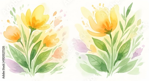 Watercolor painting of yellow tulips and green leaf isolated on white background
