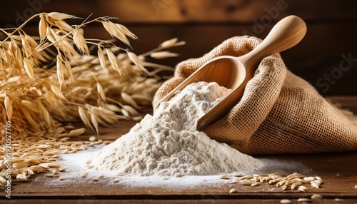scoop of fine flour spills from burlap bag onto rustic wooden table with oats background