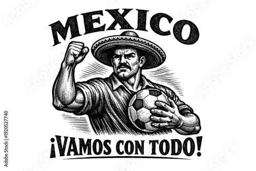 Mexican soccer fan with fist pump and ball, vintage engraving style