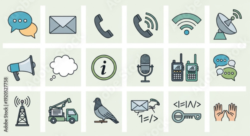 Collection of communication icons and symbols for technology and connection.