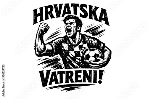 Croatian football fan cheering with soccer ball, vintage woodcut style