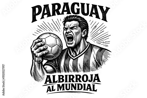 Passionate Paraguayan soccer fan with ball, roaring for World Cup