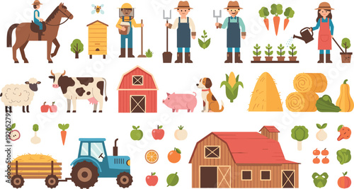 Farm Life and Agriculture Vector Collection Featuring Farmers, Livestock, Tractor, Barns, and Organic Produce for Educational, Rural, and Sustainable Food Illustrations