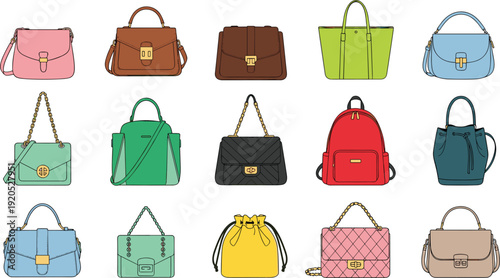 Fashion Handbag Icon Set with Diverse Styles Including Backpacks, Chain Slings, Drawstring Buckets, and Leather Totes for Retail, E-commerce, and Beauty Branding
