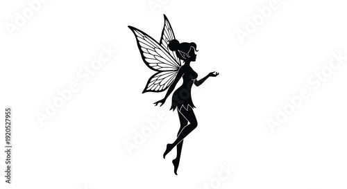 A delicate black silhouette of a fairy in mid flight showcasing intricately detailed wings and graceful form silhouette high quality
