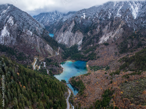 Tableau sur toile Aerial View of Five Flower Lake and Panda Lake with Snow Mountains and Autumn Fo