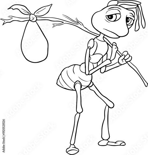 Illustration of an ant holding a stick with a small sack