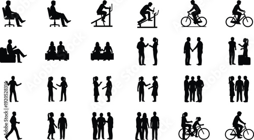 People Silhouette Activity Set, Business Meeting Fitness and Cycling Icons, Black and White Human Vector Illustration Collection