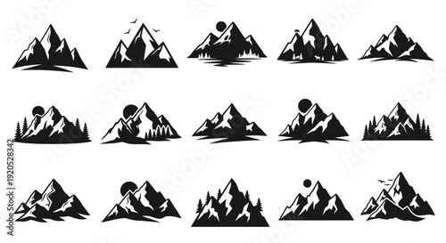 Collection of mountain ranges and natural scenery in black silhouette