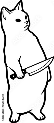 Illustration of a cat standing while holding a kitchen knife