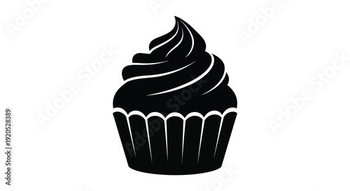 A detailed black silhouette of a classic frosted cupcake with a patterned paper liner silhouette high quality professional modern