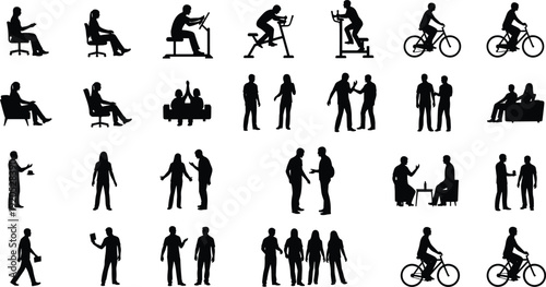 People Silhouette Collection, Business Leisure and Fitness Activities Set, Black and White Human Characters Vector Illustration