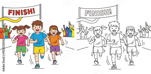 Cute children running race to finish line coloring book page. Vector illustration of kids marathon runner with colored example and black and white line art.