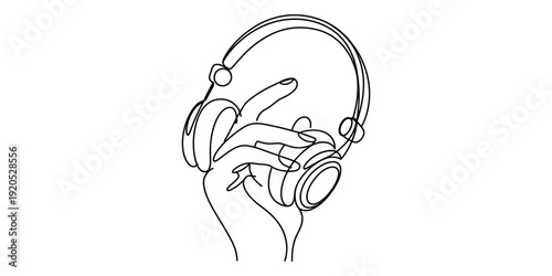 Continuous line drawing of a pair of hands holding a set of modern over-ear headphones Vector, illustration