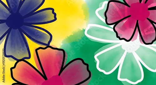 Colorful abstract flowers with watercolor effect and bright background