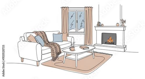 Cozy Living Room Scene with Fireplace and Sofa.