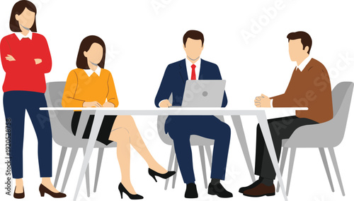 Professional Business Meeting Vector Illustration Featuring Team Collaboration at Conference Table with Laptop for Corporate Strategy, Job Interview, and Workplace Communication Concepts