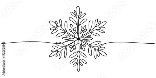 Continuous line drawing of a snowflake with a horizontal line passing through its center. Vector, illustration