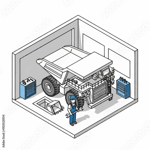 Isometric illustration of a man servicing a large vehicle in a garage with batteries.