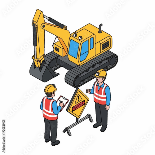 Construction workers inspecting excavator and road sign.