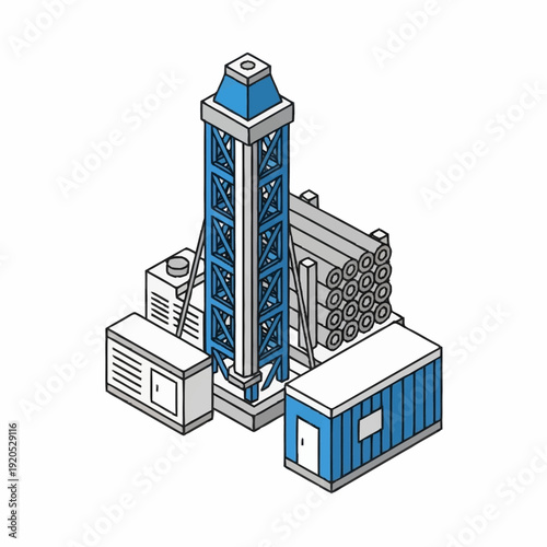 Industrial facility with derrick and storage containers.