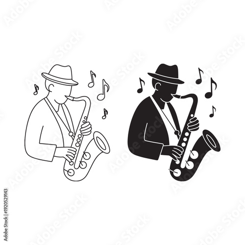 Saxophonist illustrations a black and white graphic depiction of jazz music