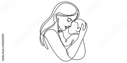 Continuous line drawing of a mother holding her baby in a loving embrace on white background. Vector, illustration