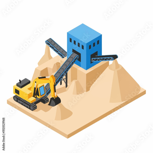 3D illustration of construction site with excavator and sand processing facility.