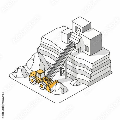 Isometric illustration of a quarry with heavy machinery and rock formations.