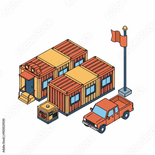 Isometric illustration of shipping containers and vehicles.