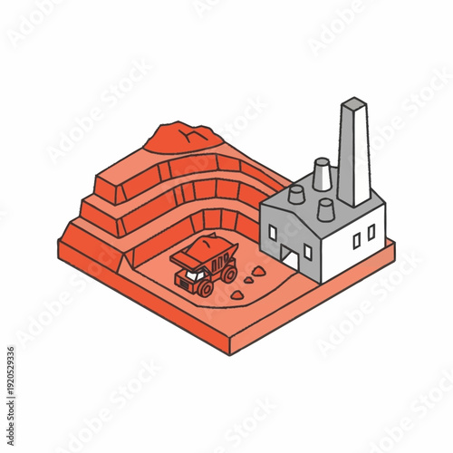 Industrial mining site with excavator and processing facility.