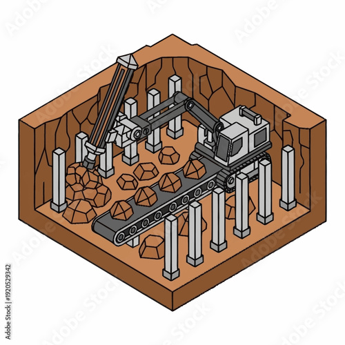 Underground mining operation with machinery and extracted ore.