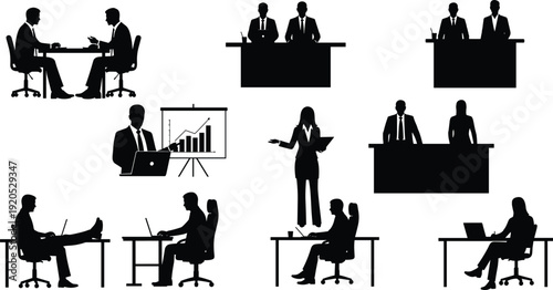 Business People Office Work Silhouette Collection with Meeting Presentation Desk and Corporate Team Scenes