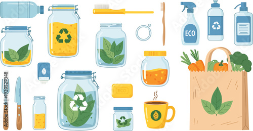 Zero Waste and Eco Friendly Lifestyle Icon Set Featuring Glass Mason Jars, Reusable Grocery Bags, Bamboo Toothbrush, and Sustainable Household Products for Environmental Branding