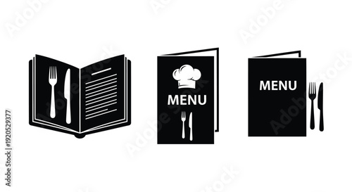 Three restaurant menus displayed open and closed black silhouette