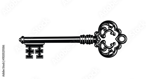 An ornate antique style key is prominently displayed against a stark white background a bold silhouette high quality professional detailed